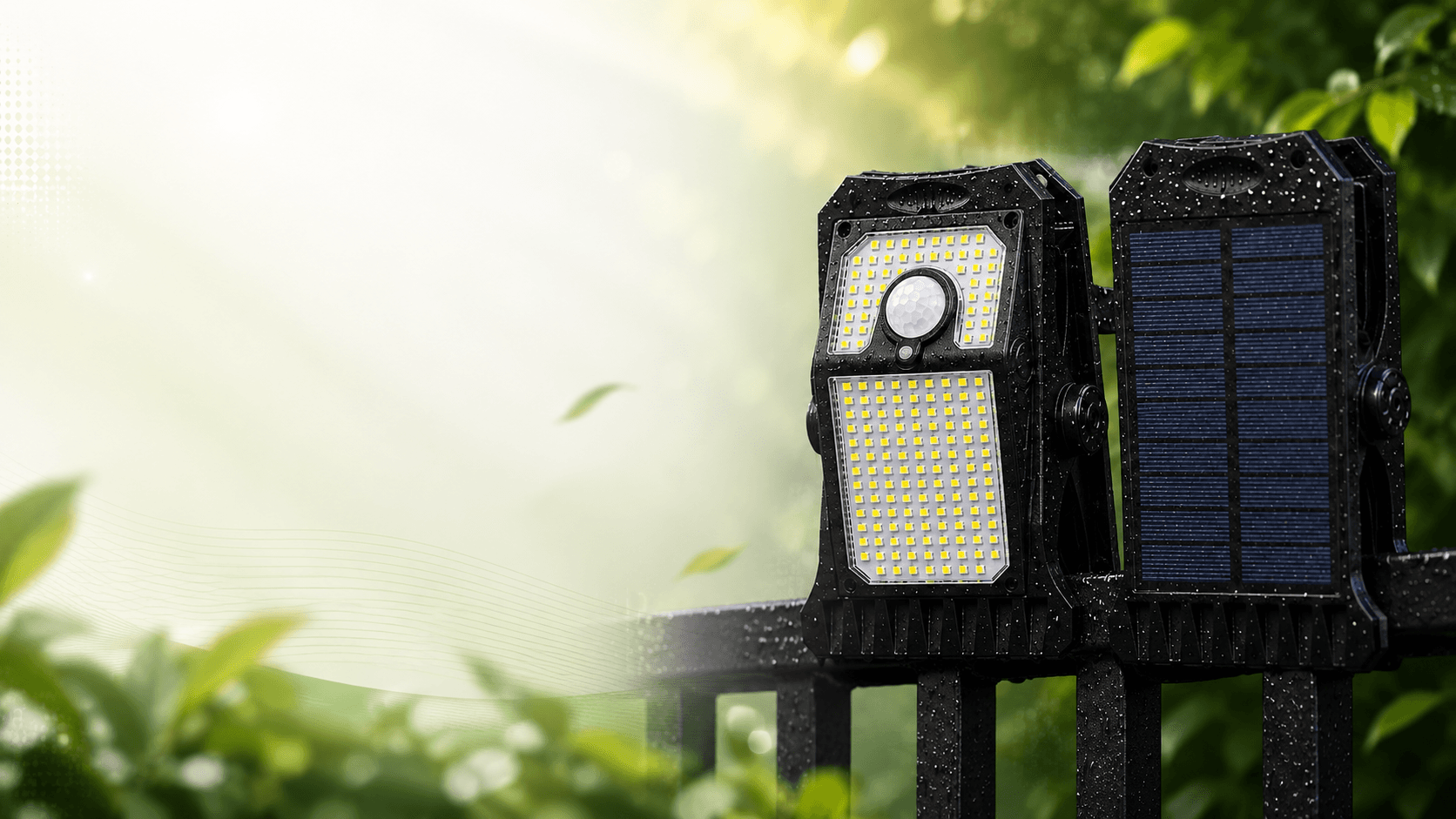 Lampy solarne SolarLamps na ogrodzeniu w słonecznym ogrodzie